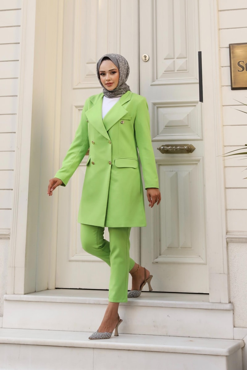 Vücuda Oturan Kruvaze Blazer Takım Uzun- FISTIK YEŞİLİ