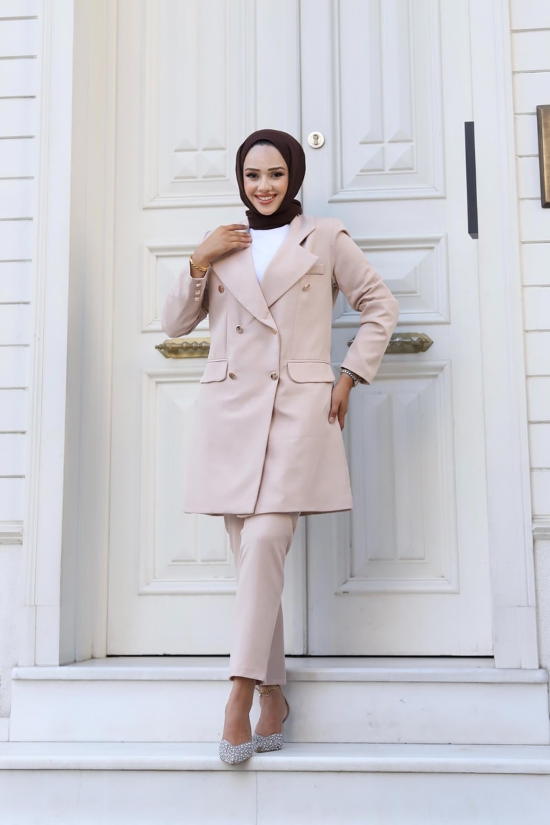 Vücuda Oturan Kruvaze Blazer Takım Uzun- TAŞ
