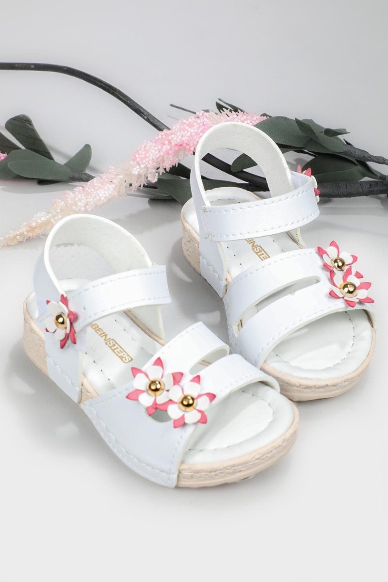 Çiçekli Cırtlı Rahat Beyaz Çocuk Sandalet 2455 Çocuk Sandalet Beınsteps Beinsteps 2455 Bebe 22Y