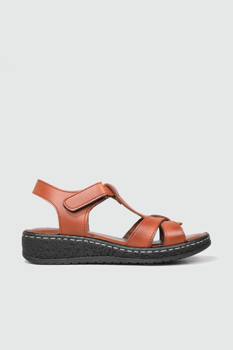 Ortopedik Taban Rahat Cırtlı Taba Kadın Sandalet MM-E015 Kadın Düz Sandalet Cıtyzen Cityzen MM-E015 Sandalet 22Y
