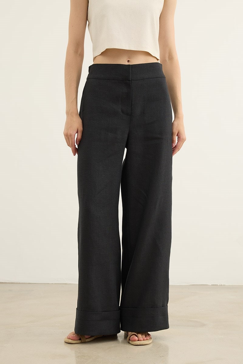 %100 Keten Bol Pantolon Siyah