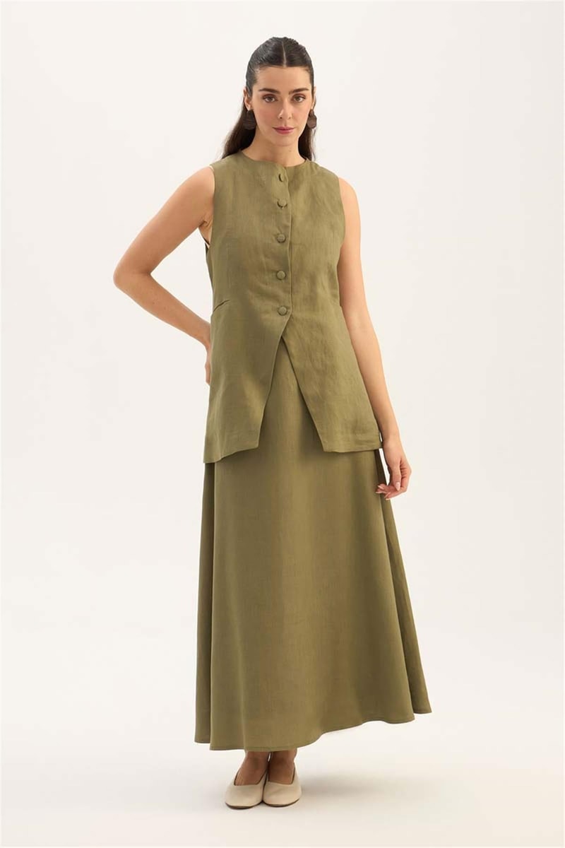 %100 Keten Düğmeli Yelek