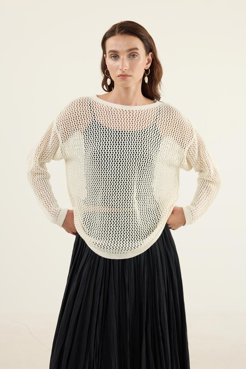 Ajurlu Triko Bluz Ekru