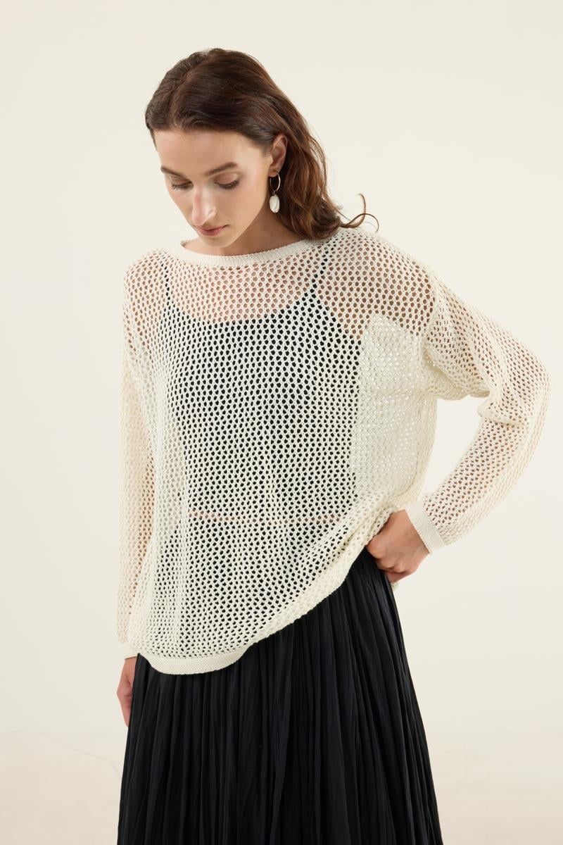 Ajurlu Triko Bluz Ekru