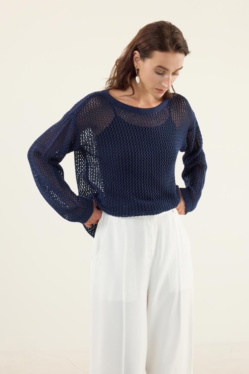 Ajurlu Triko Bluz Lacivert