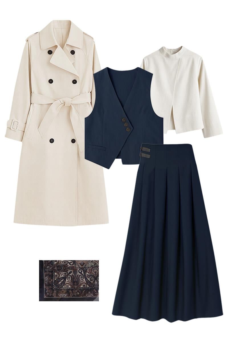 Astarlı Trençkot, Düğmeli Yelek, Pileli Etek, Bluz, Şal Kombin