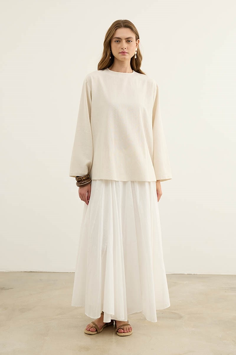 Bisiklet Yaka Basic Keten Bluz Naturel