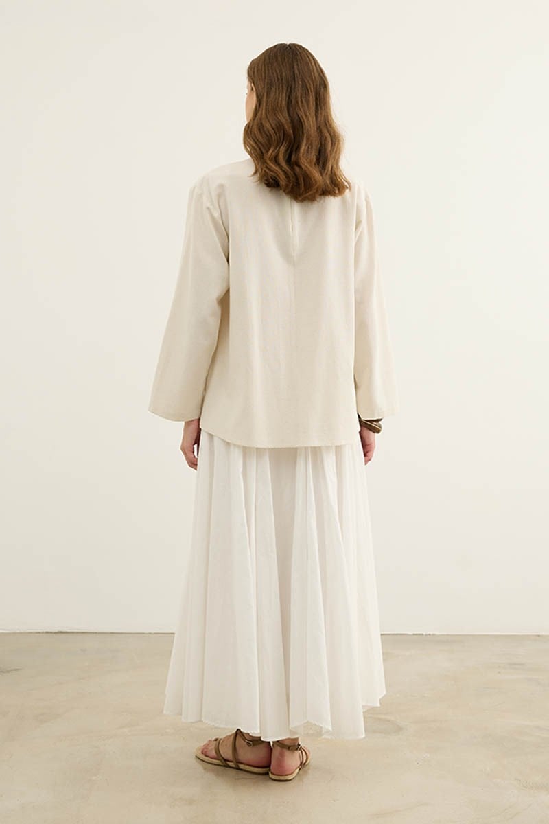 Bisiklet Yaka Basic Keten Bluz Naturel