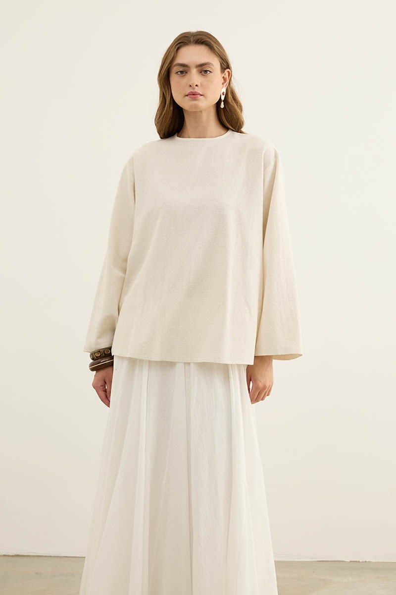 Bisiklet Yaka Basic Keten Bluz Naturel