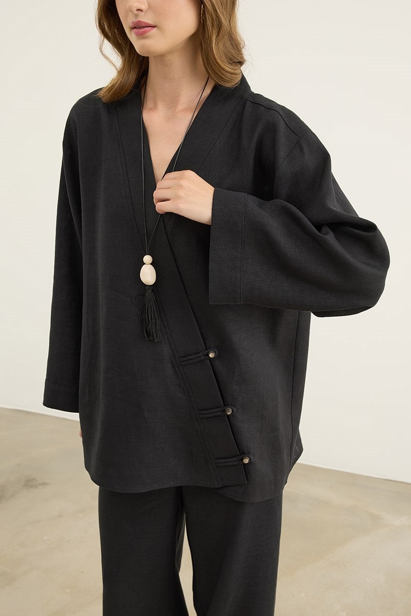Britli %100 Keten Kimono Siyah