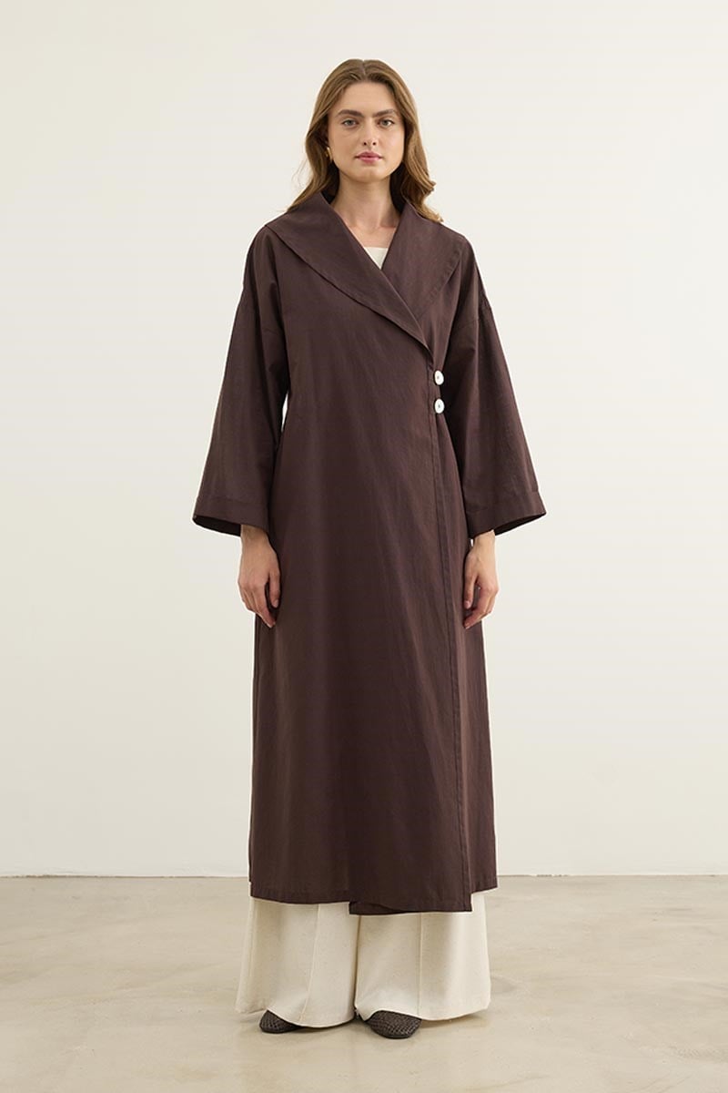 Çift Düğmeli %100 Pamuk Kaftan Acı kahve