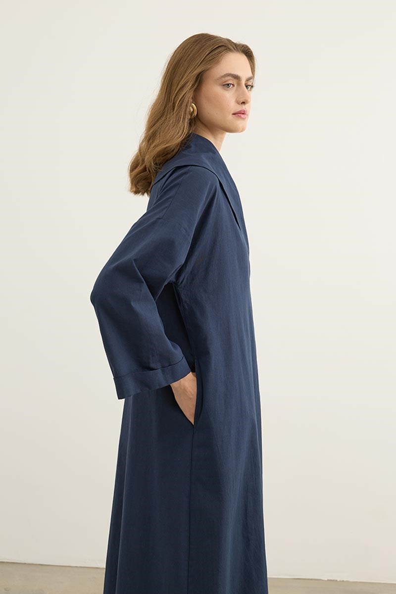 Çift Düğmeli %100 Pamuk Kaftan Lacivert