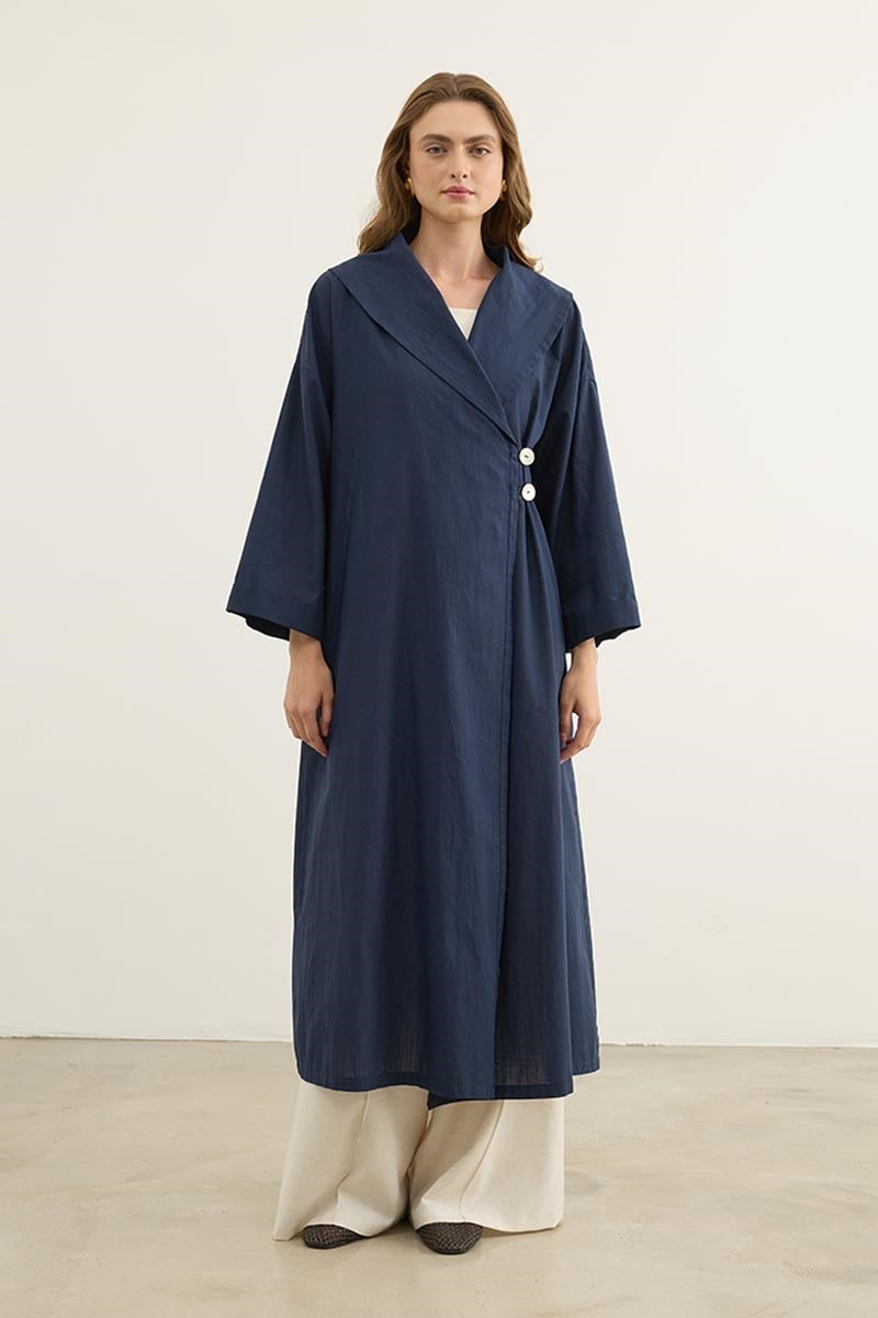 Çift Düğmeli %100 Pamuk Kaftan Lacivert