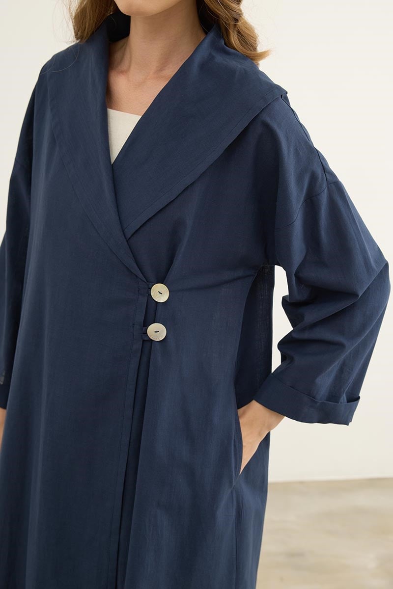Çift Düğmeli %100 Pamuk Kaftan Lacivert