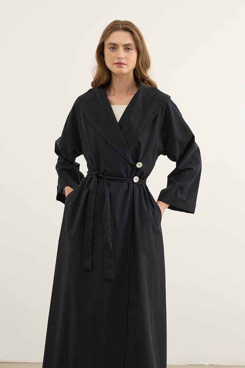 Çift Düğmeli %100 Pamuk Kaftan Siyah