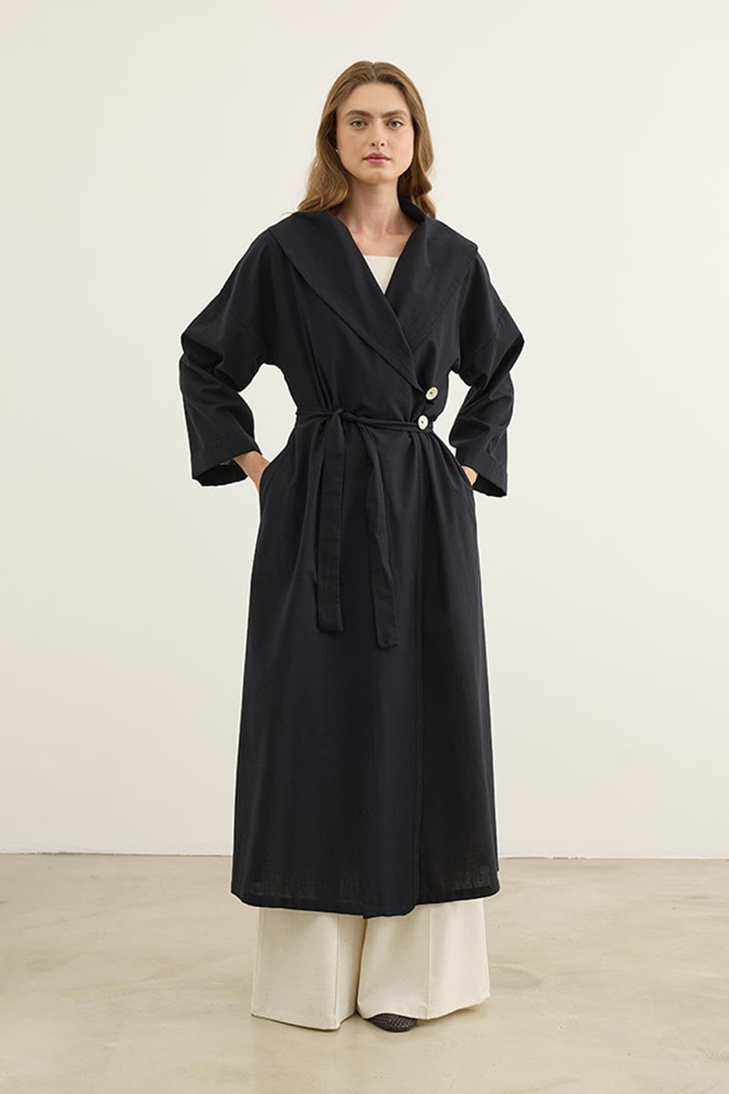 Çift Düğmeli %100 Pamuk Kaftan Siyah