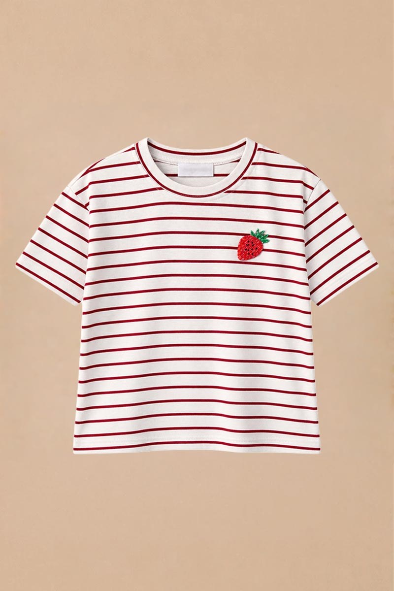 Çilek Armalı Çizgili Çocuk Tshirt Kırmızı