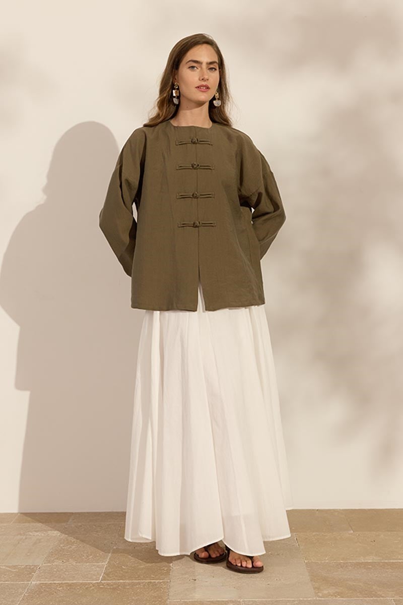 Çin Düğmeli Tensel Kimono Haki