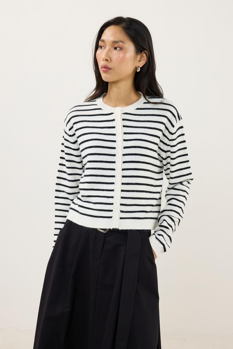 Çizgili İnce Triko Hırka Beyaz