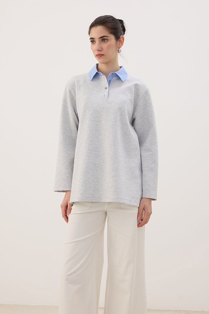 Çizgili Polo Yaka Sweatshirt Gri melanj