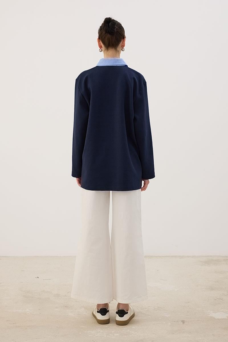 Çizgili Polo Yaka Sweatshirt Lacivert