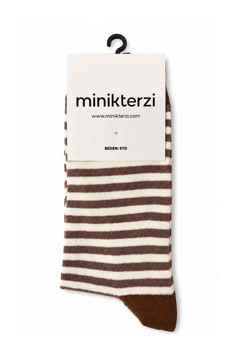 Çizgili Soket Çorap Camel- Krem
