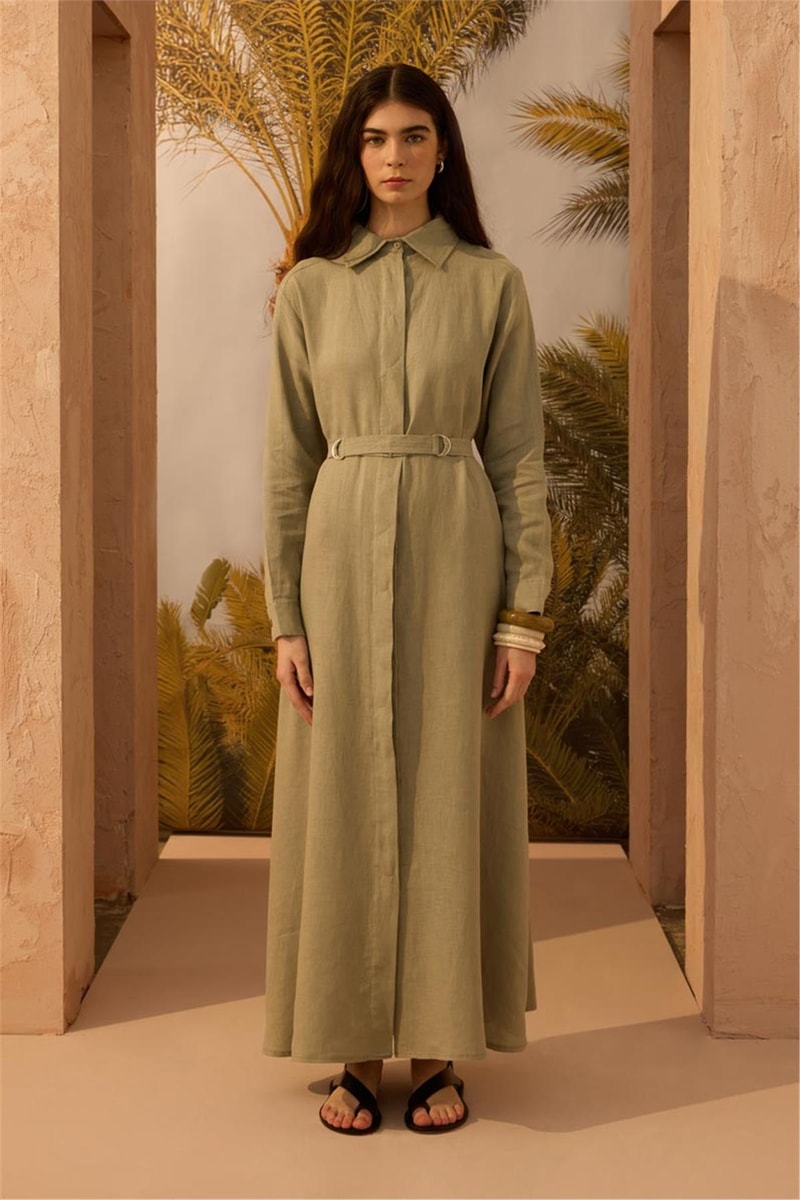 D tokalı %100 Keten Elbise Çağla