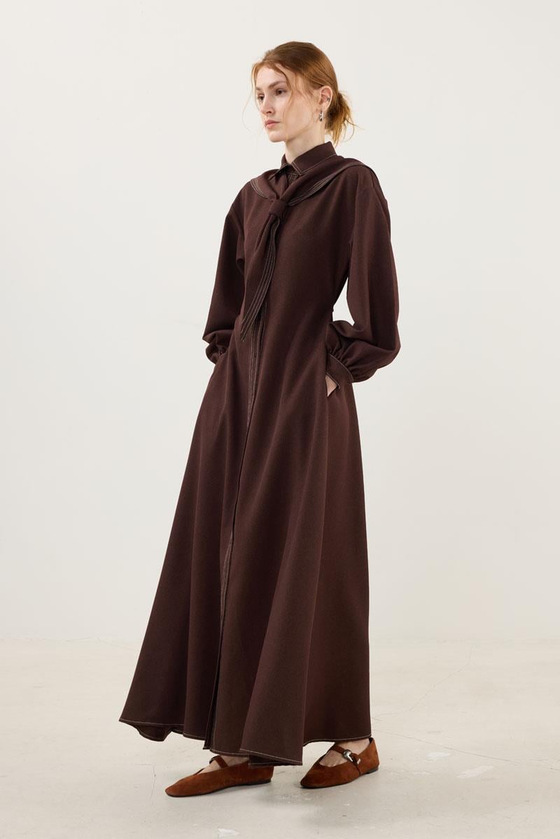 Denizci Yaka Elbise Kahverengi