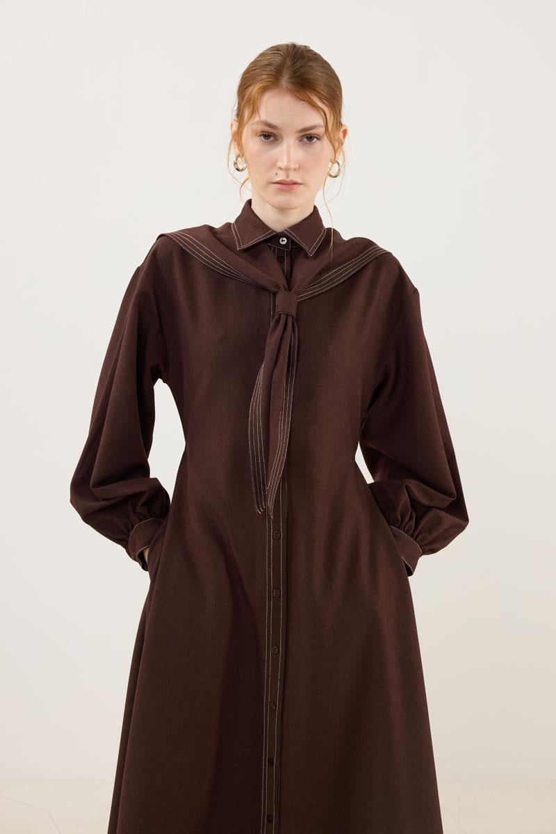 Denizci Yaka Elbise Kahverengi