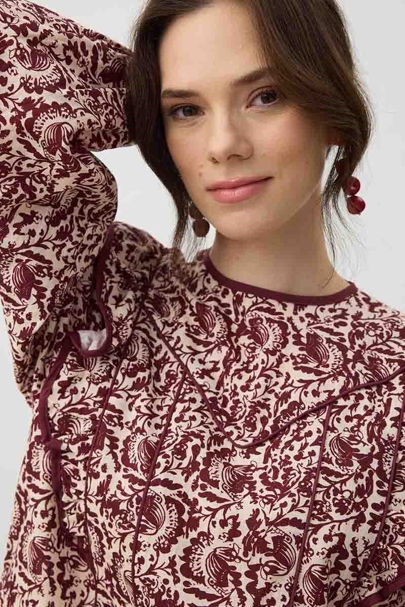Desenli Keten Bluz Bordo