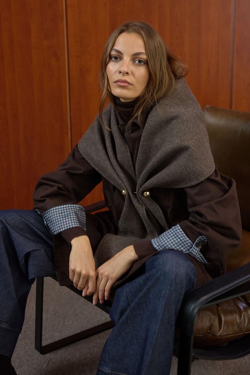 Desenli Şal Yaka Atkı Kahverengi