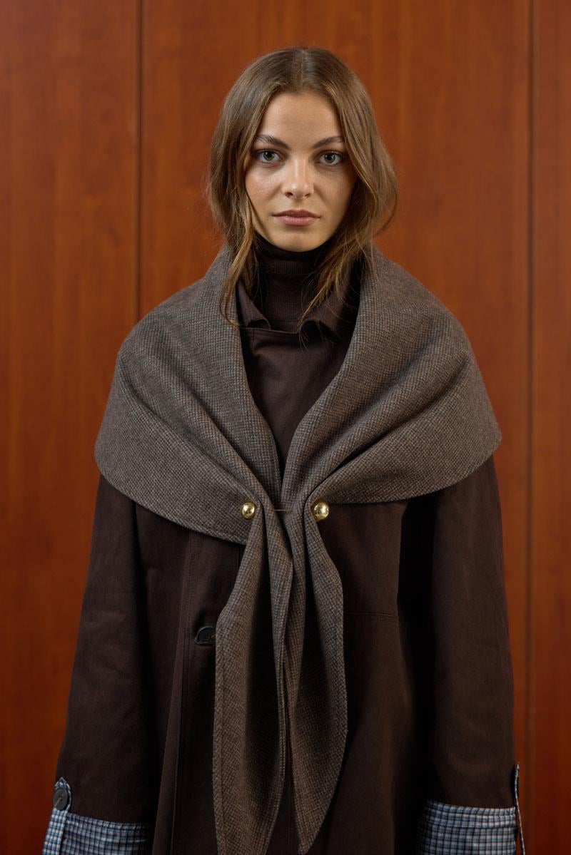 Desenli Şal Yaka Atkı Kahverengi