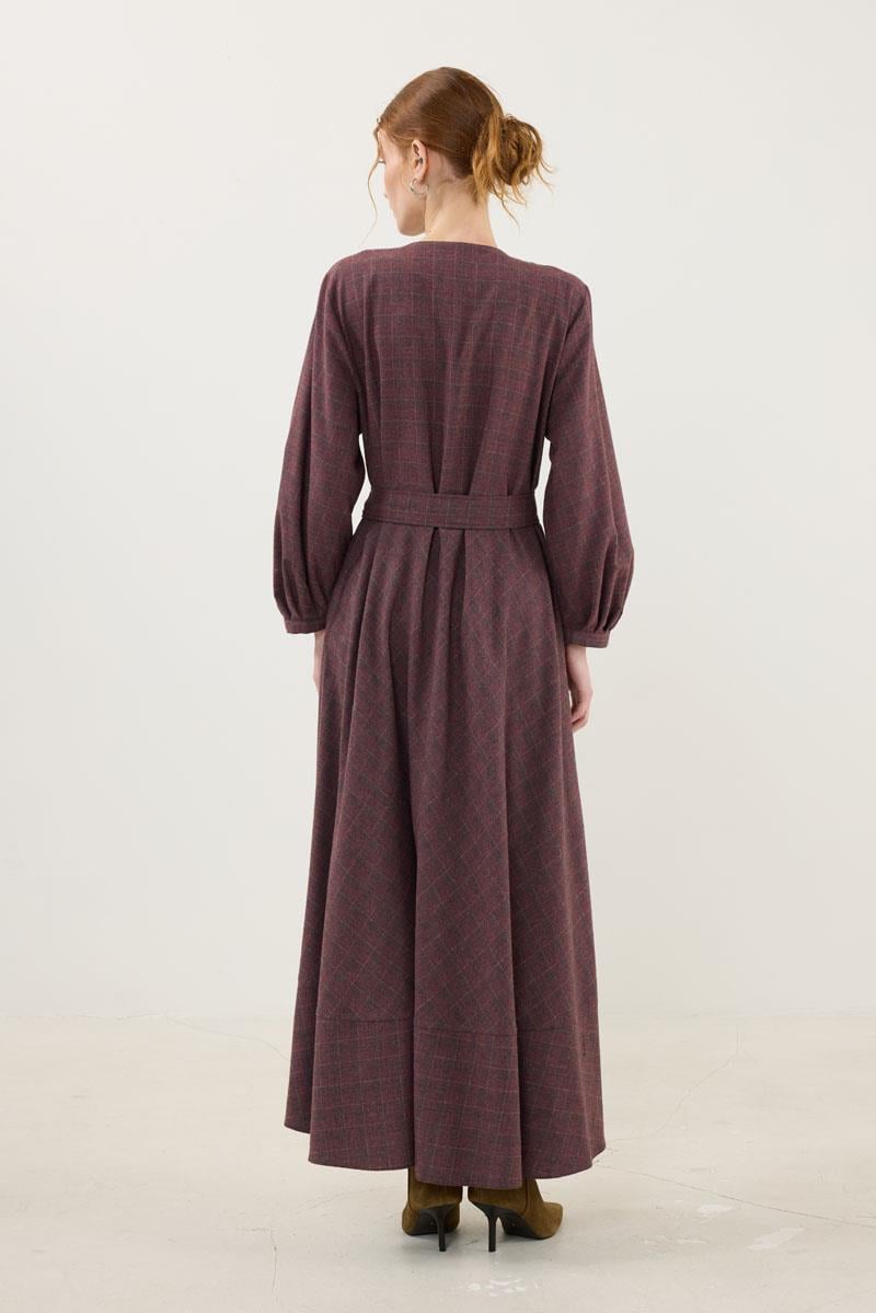 Ekoseli Elbise Bordo