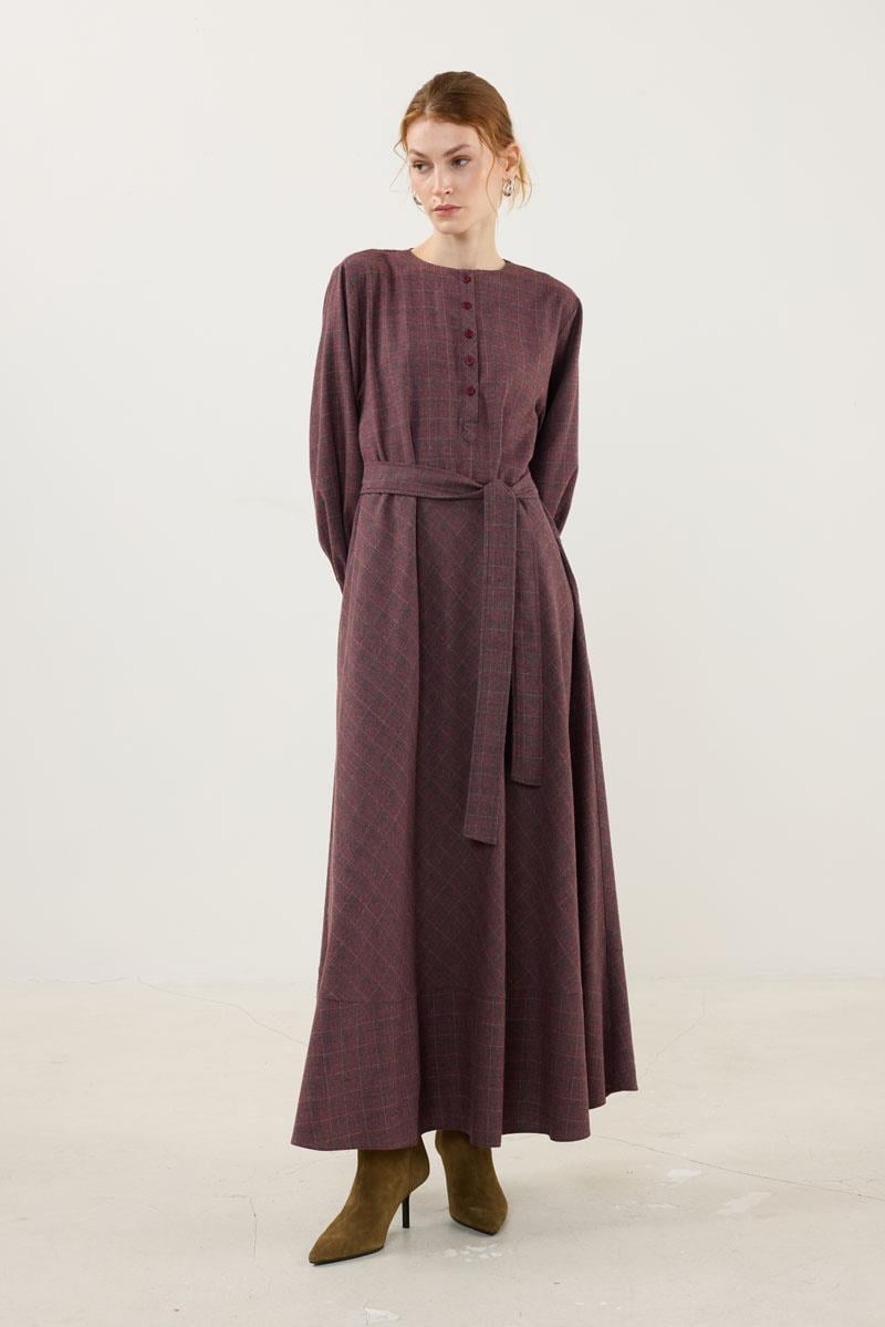 Ekoseli Elbise Bordo