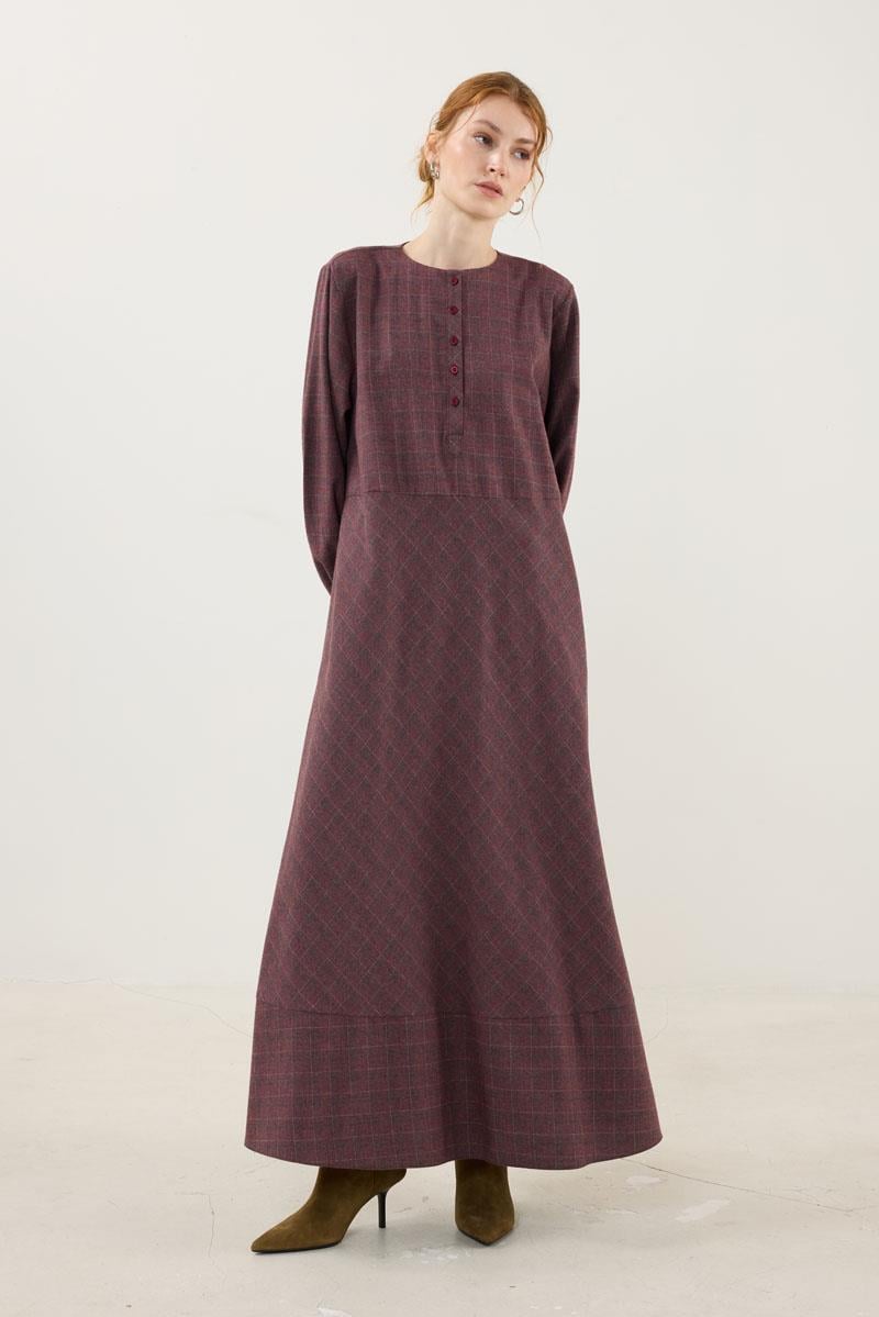 Ekoseli Elbise Bordo