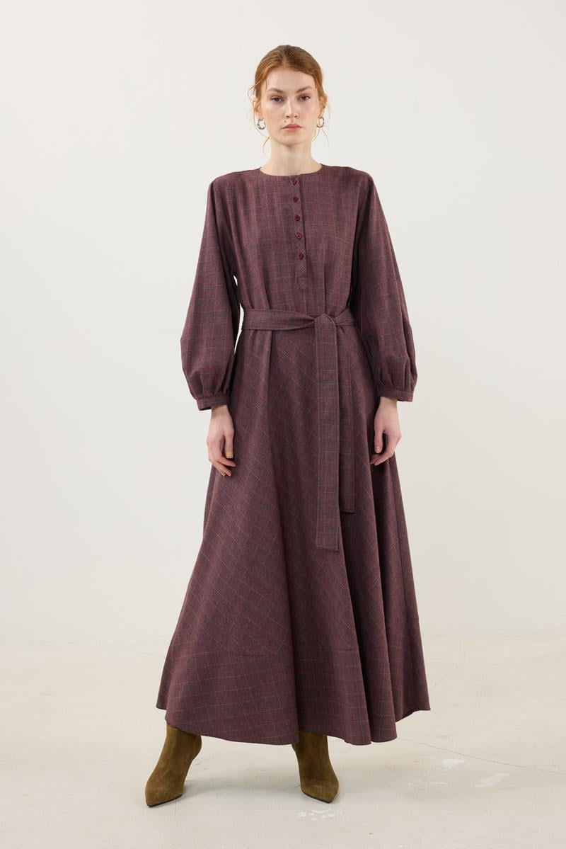 Ekoseli Elbise Bordo