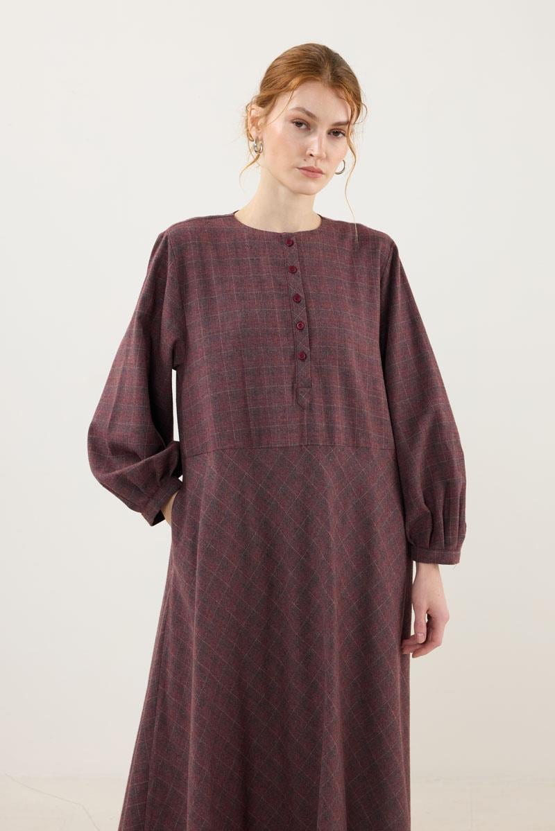 Ekoseli Elbise Bordo