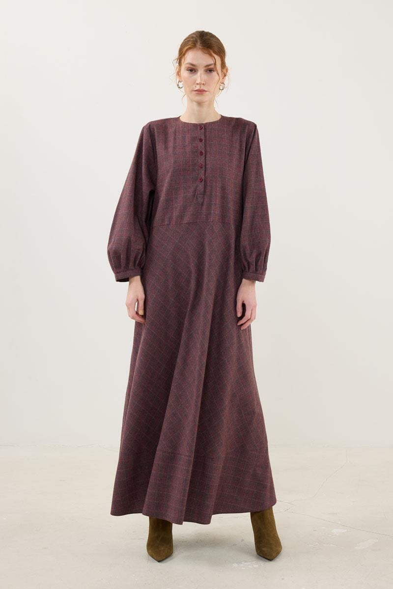 Ekoseli Elbise Bordo