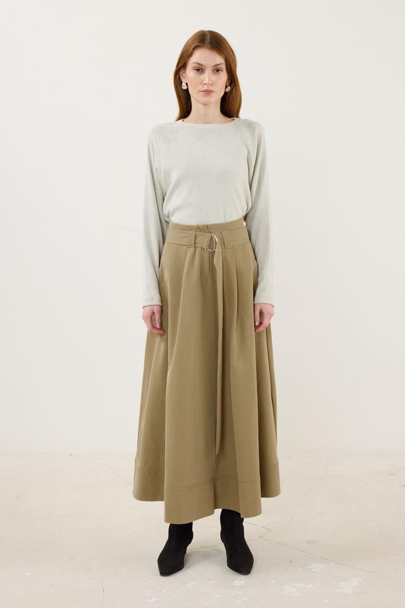 Etek Ucu Parçalı Kemerli Etek Haki