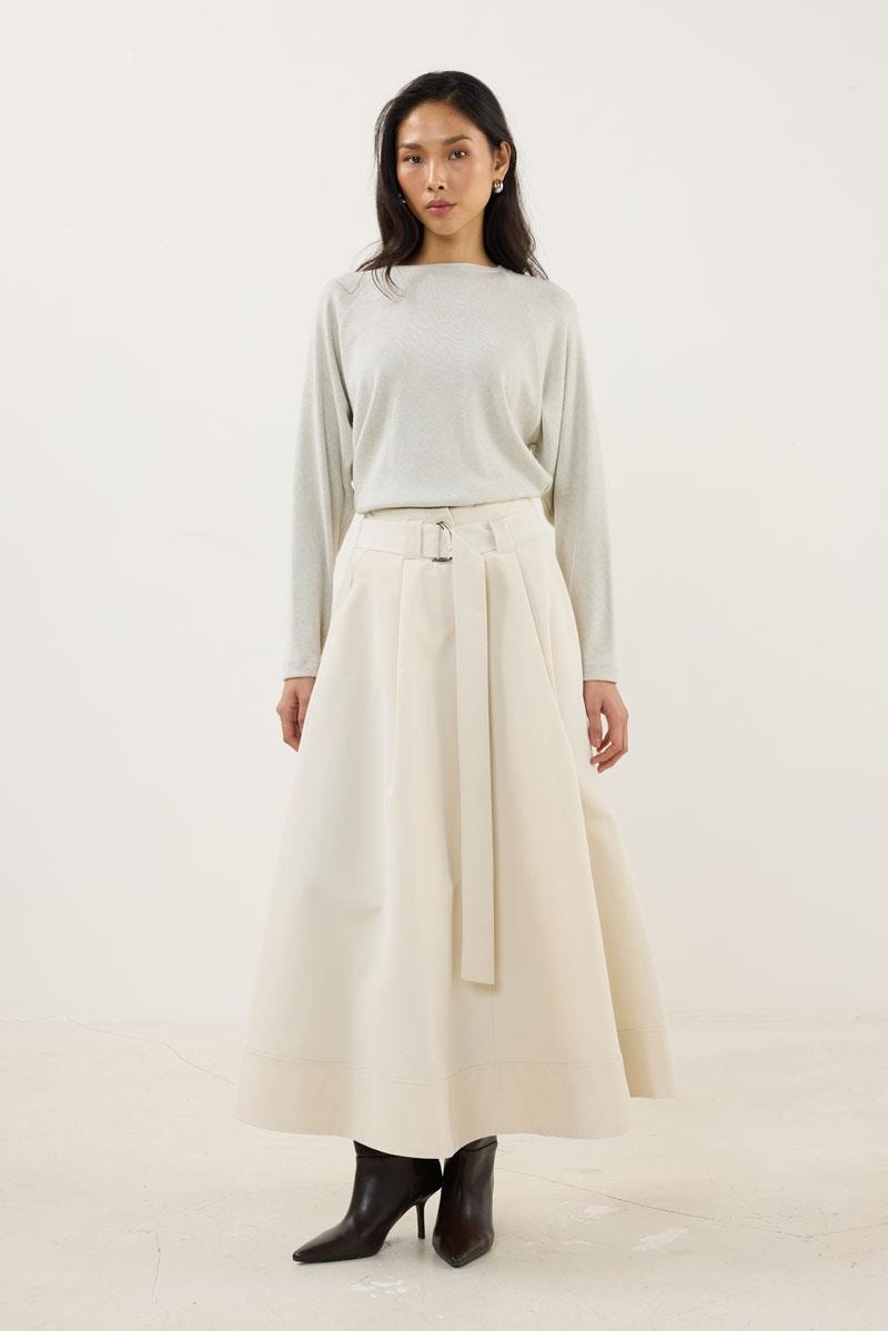 Etek Ucu Parçalı Kemerli Etek Krem