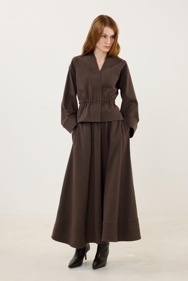 Kahverengi Dikiş Detaylı Ceket Etek Takım