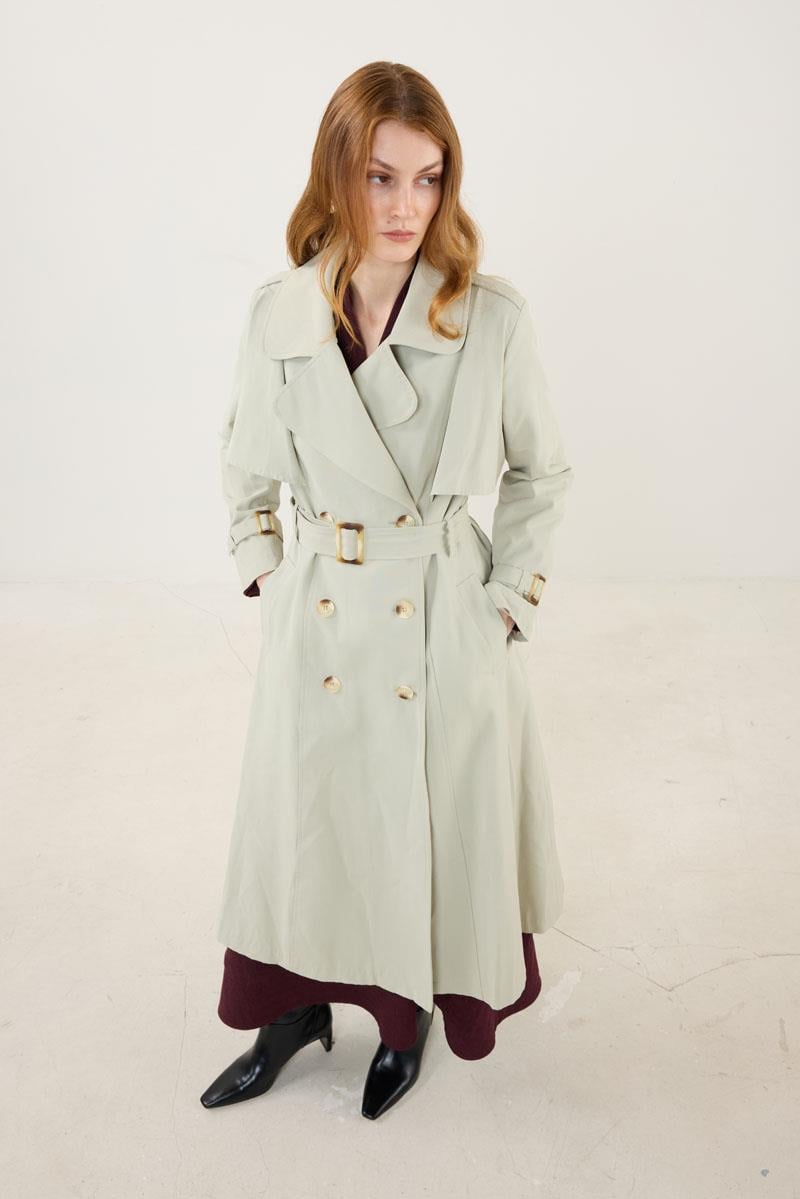 Kemer Tokalı Klasik Uzun Trençkot Çakıl Taşı