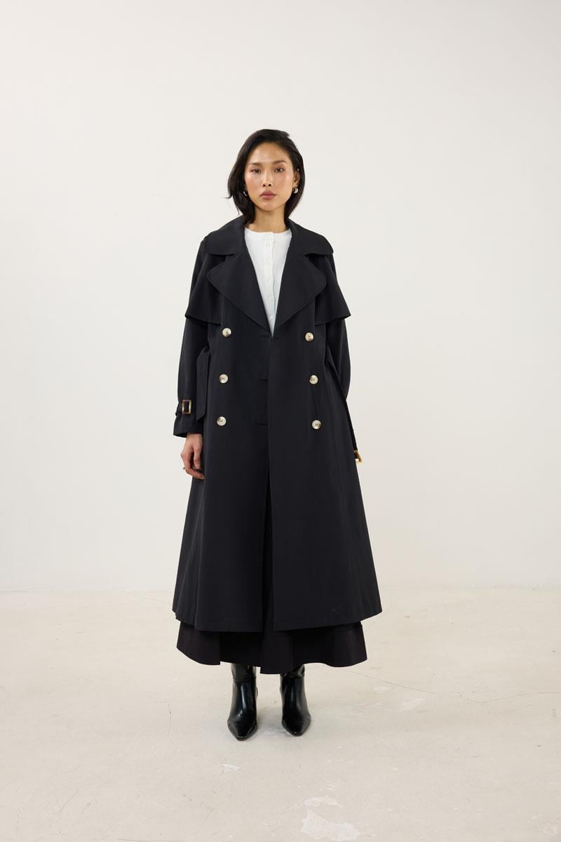 Kemer Tokalı Klasik Uzun Trençkot Siyah