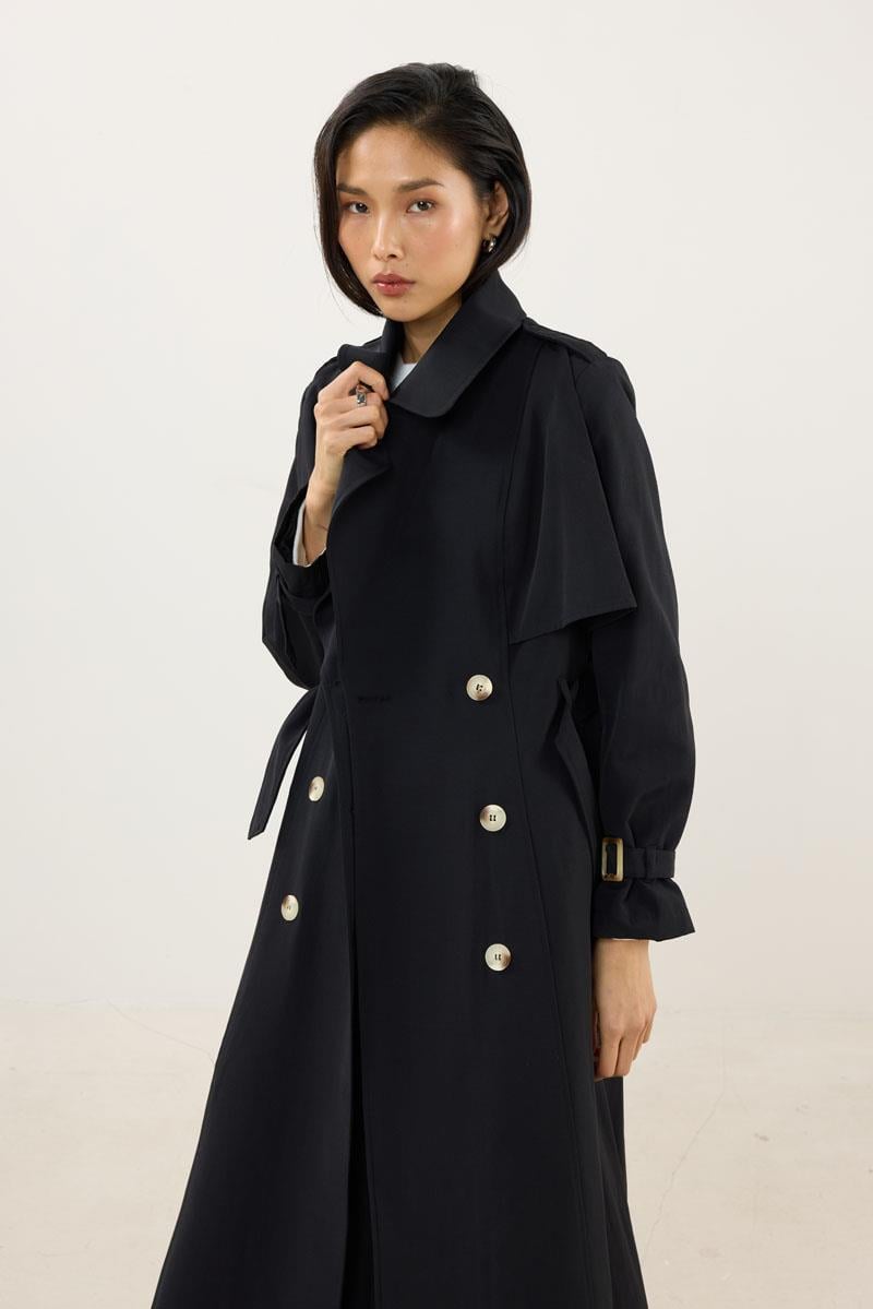 Kemer Tokalı Klasik Uzun Trençkot Siyah