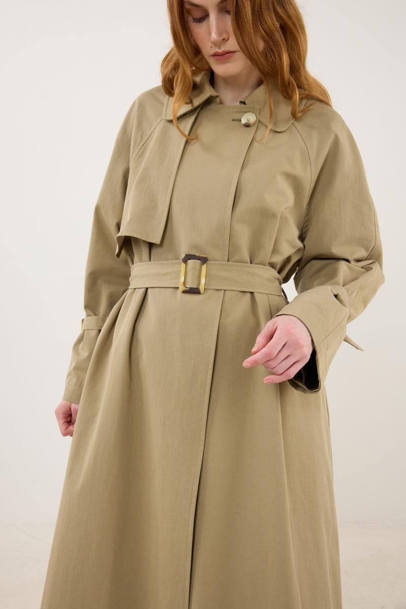 Kemik Tokalı Trençkot Haki