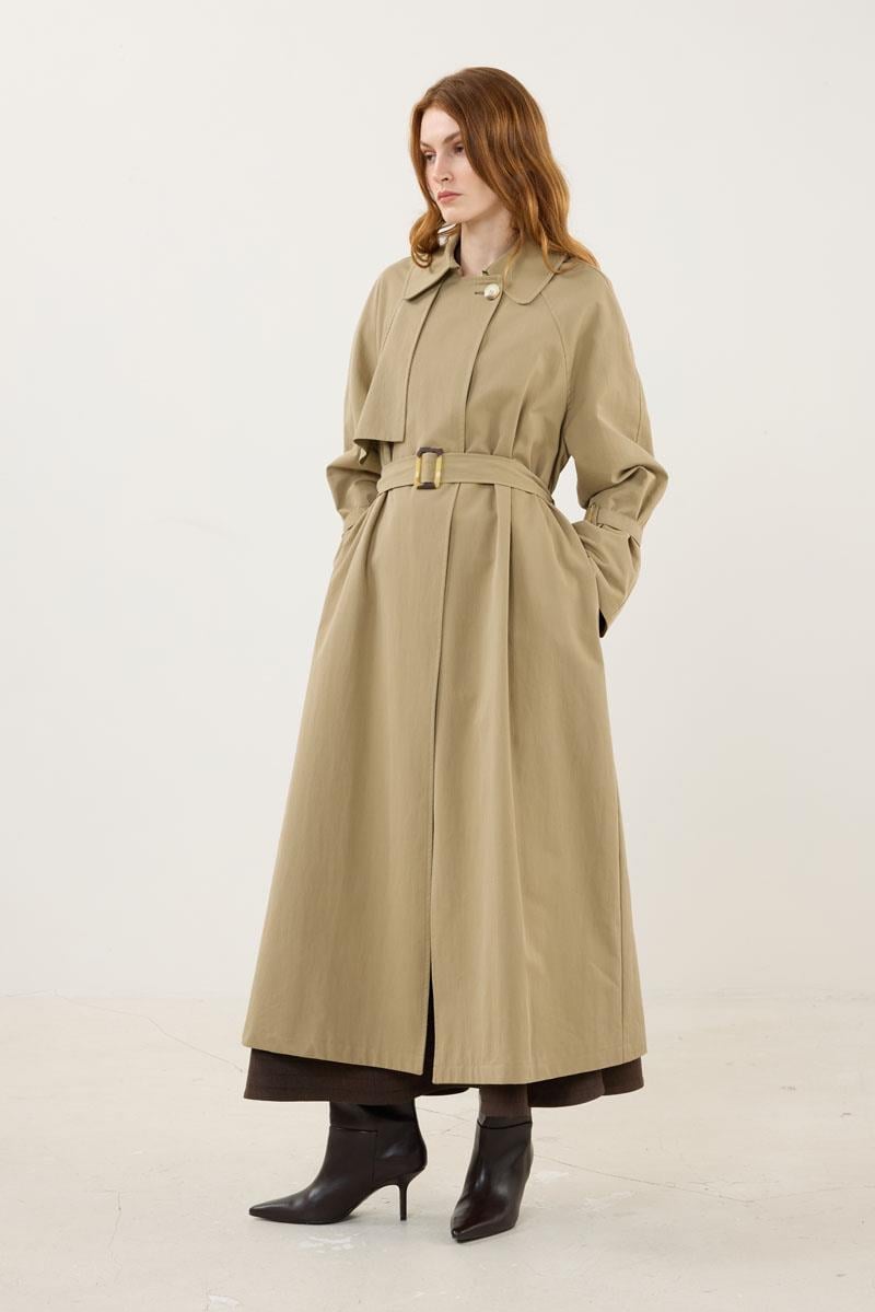 Kemik Tokalı Trençkot Haki