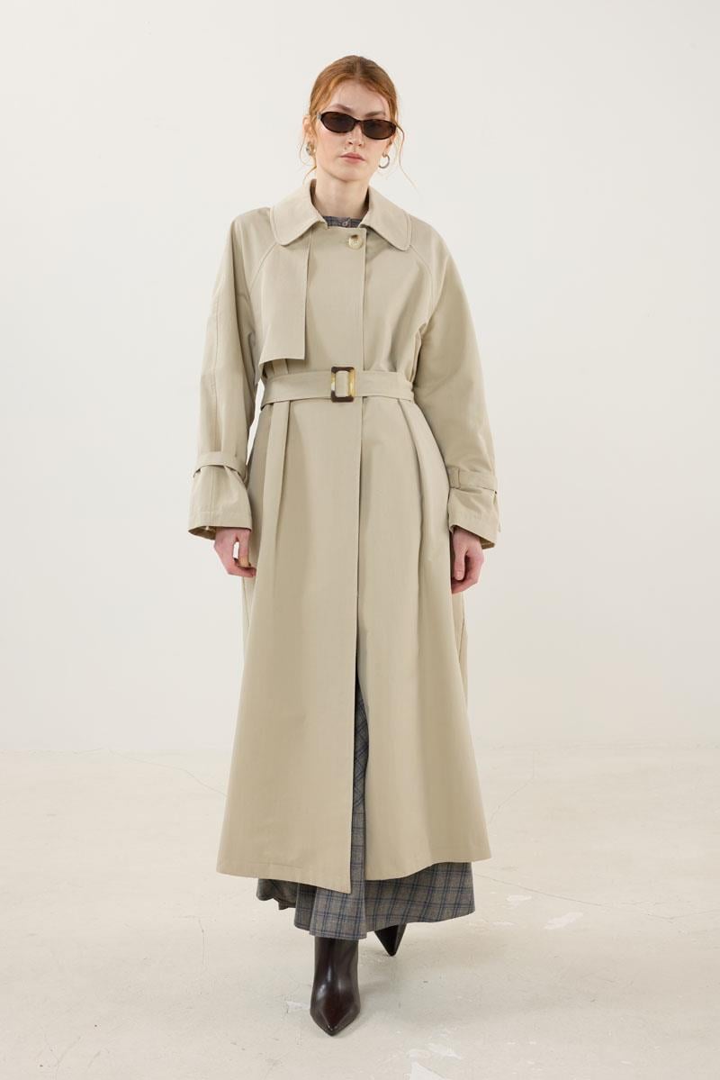 Kemik Tokalı Trençkot Kum