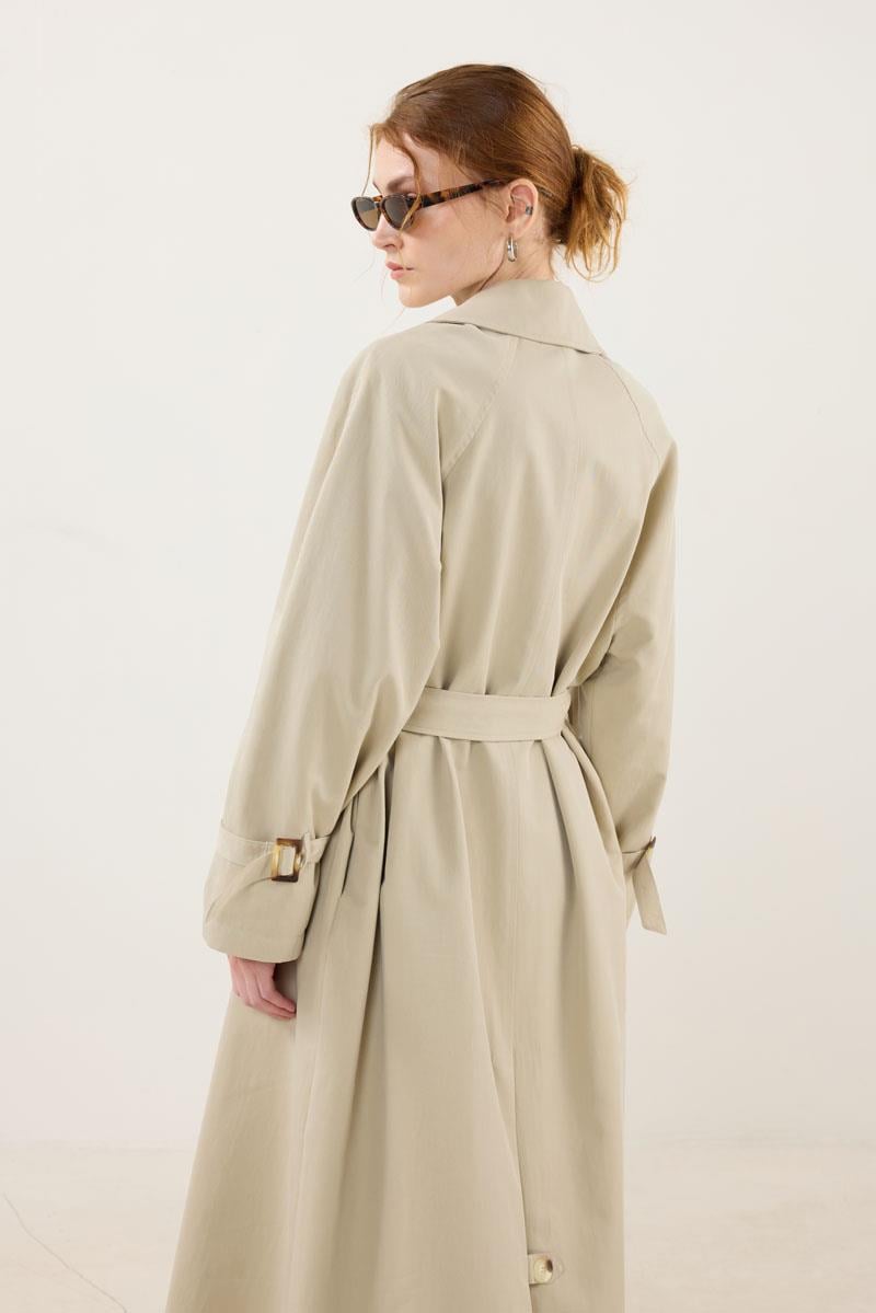 Kemik Tokalı Trençkot Kum