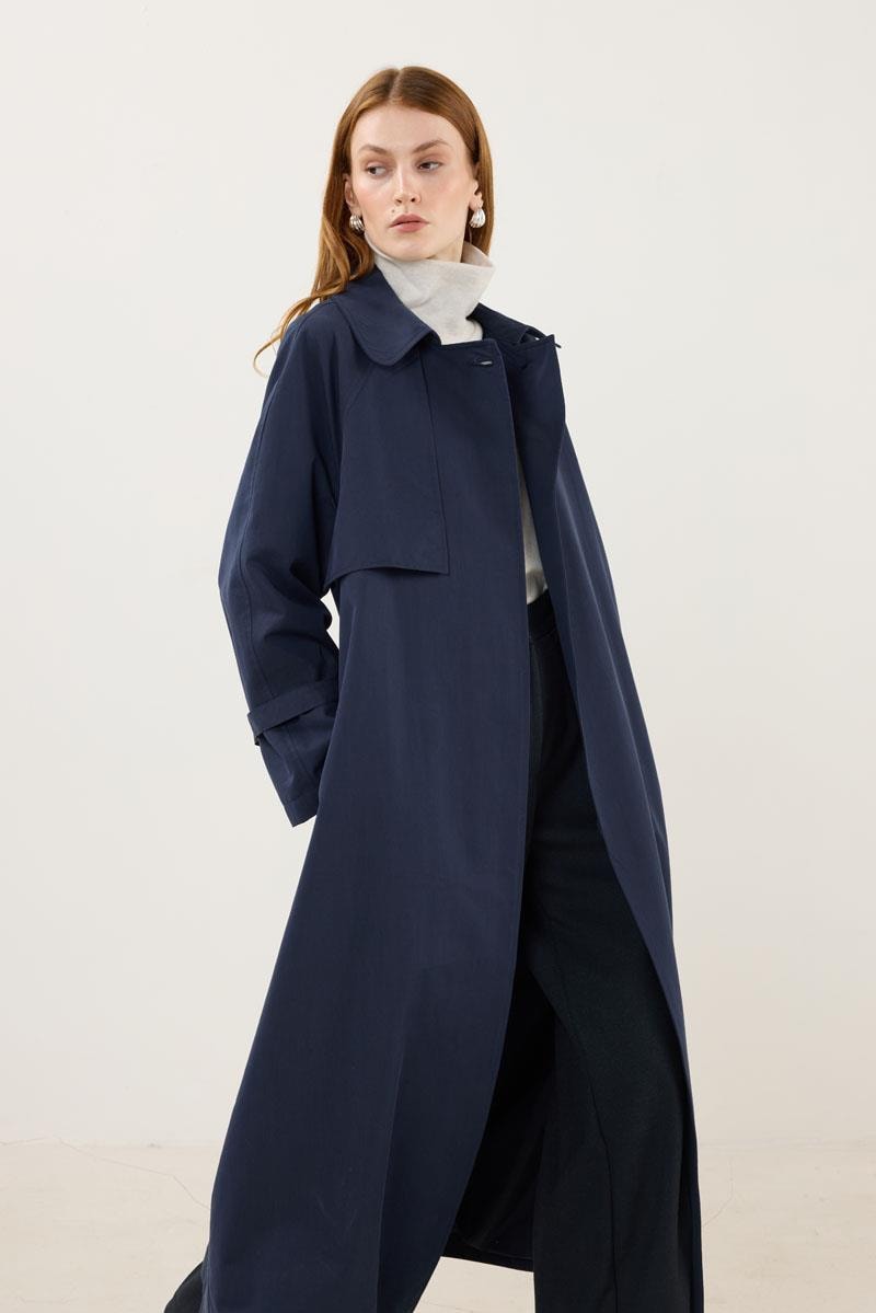 Kemik Tokalı Trençkot Lacivert