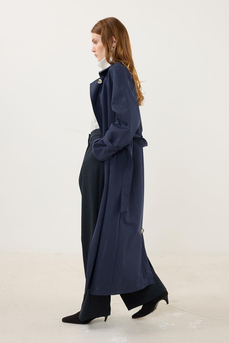 Kemik Tokalı Trençkot Lacivert